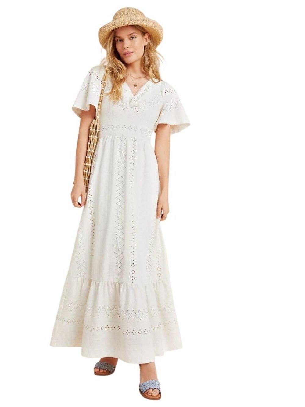 Anthropologie Maeve Rochelle Eyelet Embroidered Maxi Dress Size Mp